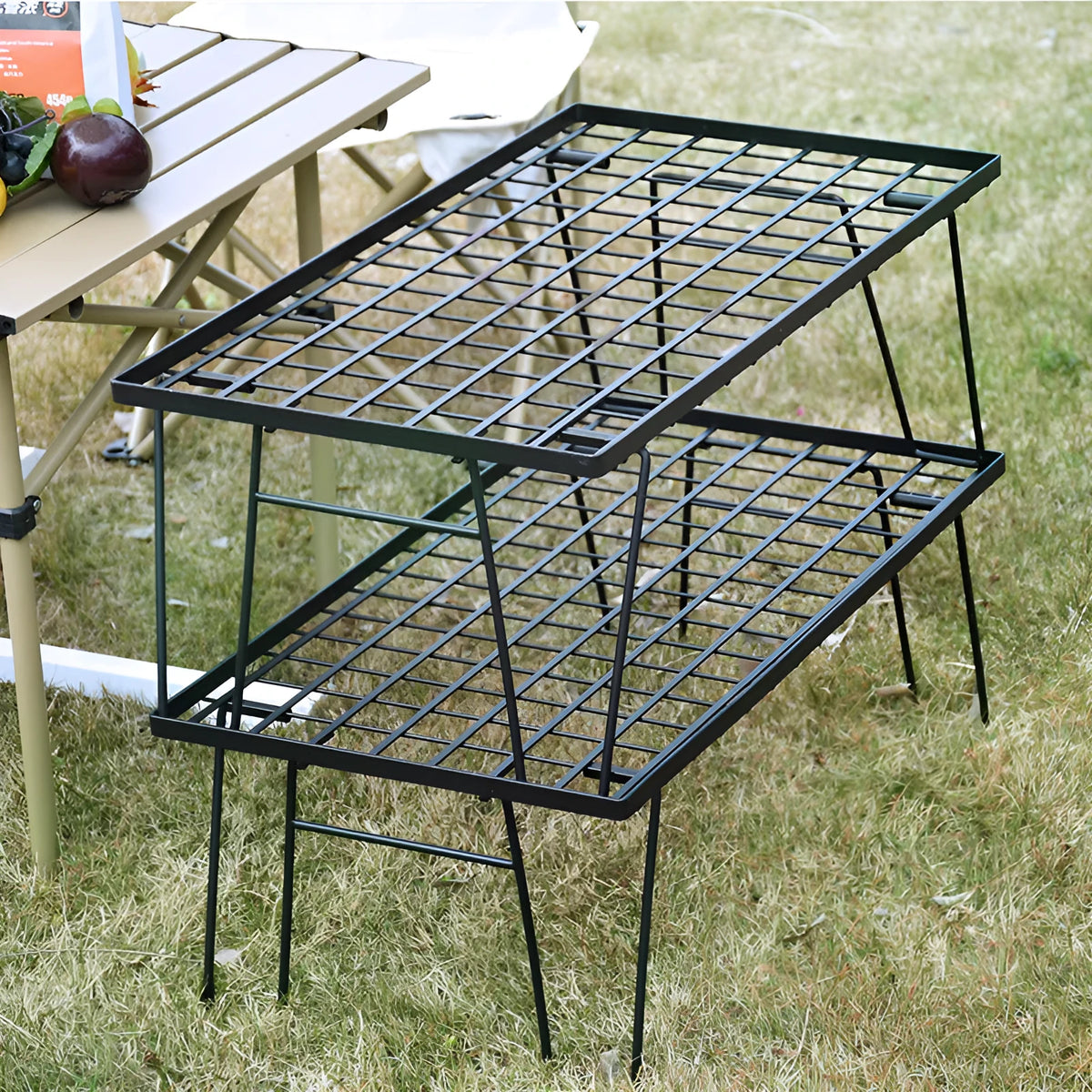 Outdoor portable iron folding table with double shelf for camping and barbecue use