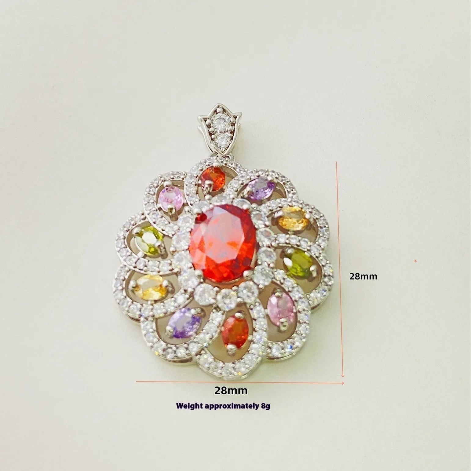 Close-up of a women's flower-shaped zircon pendant necklace in a gold electroplated finish.