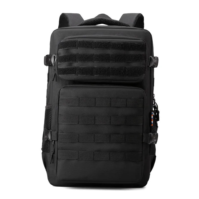 Large outdoor mountaineering backpack in camouflage pattern with curved shoulder straps
