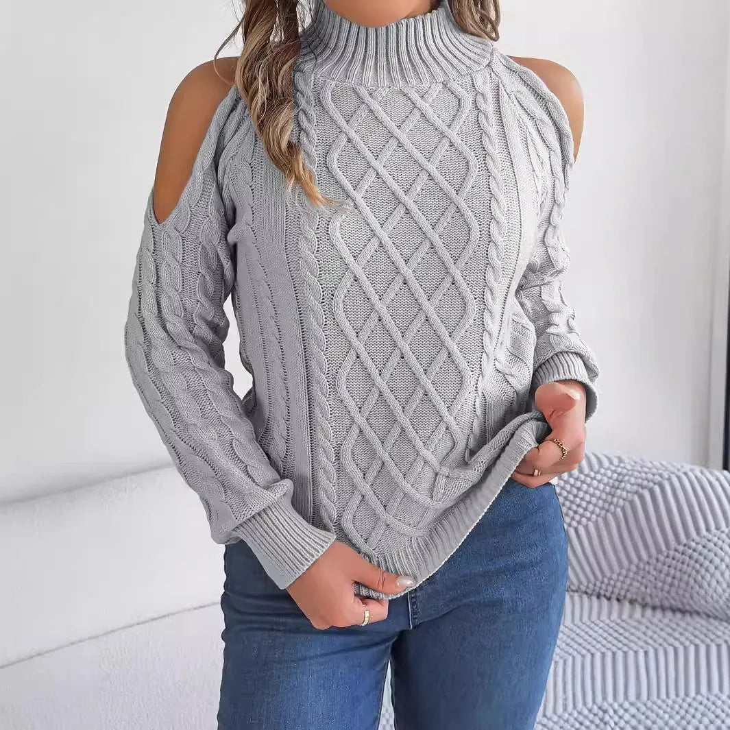 Gray women's strapless pullover sweater with a twisted knit pattern and lantern long sleeves.