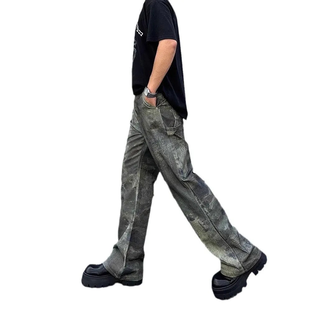 Retro digital camouflage pattern on straight-leg men's jeans with a mid-rise waist.