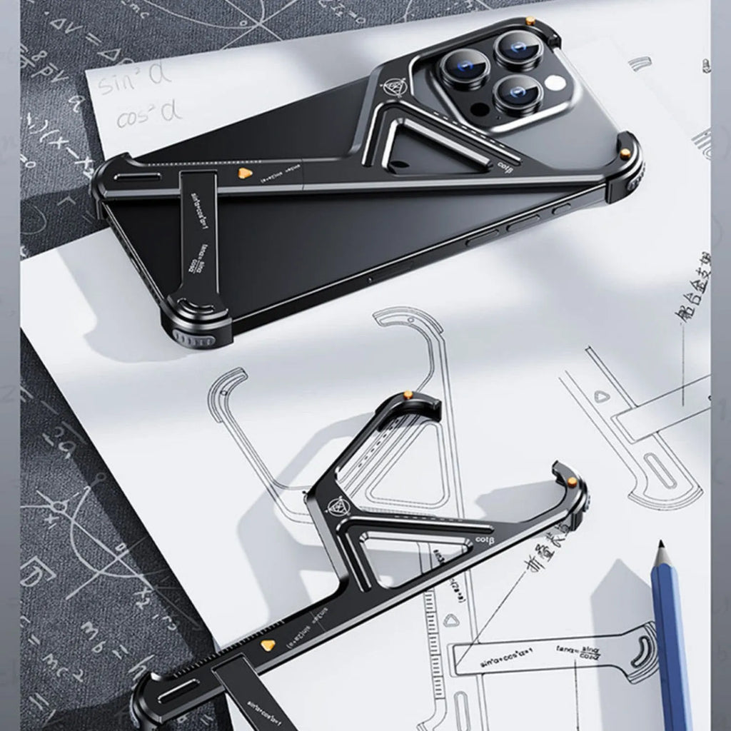 Geometric alloy phone case with bracket for iPhone 15 in black showing protective shell and stand