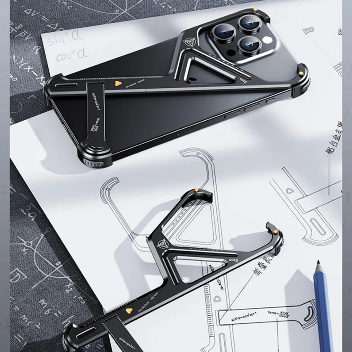 Geometric alloy phone case with bracket for iPhone 15 in black showing protective shell and stand