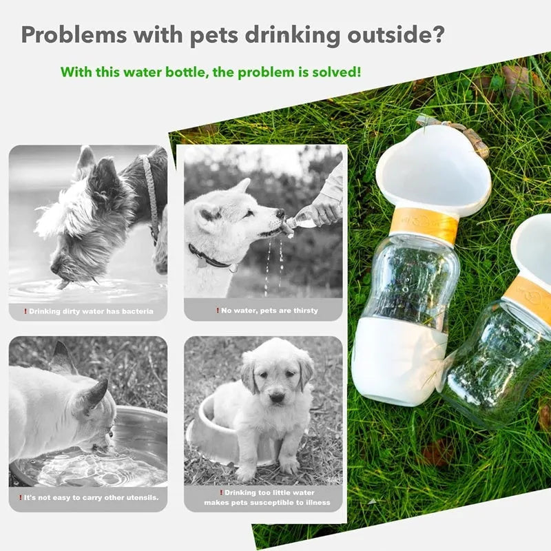 Portable dog water bottle with rotary switch and food container in purple, for outdoor use