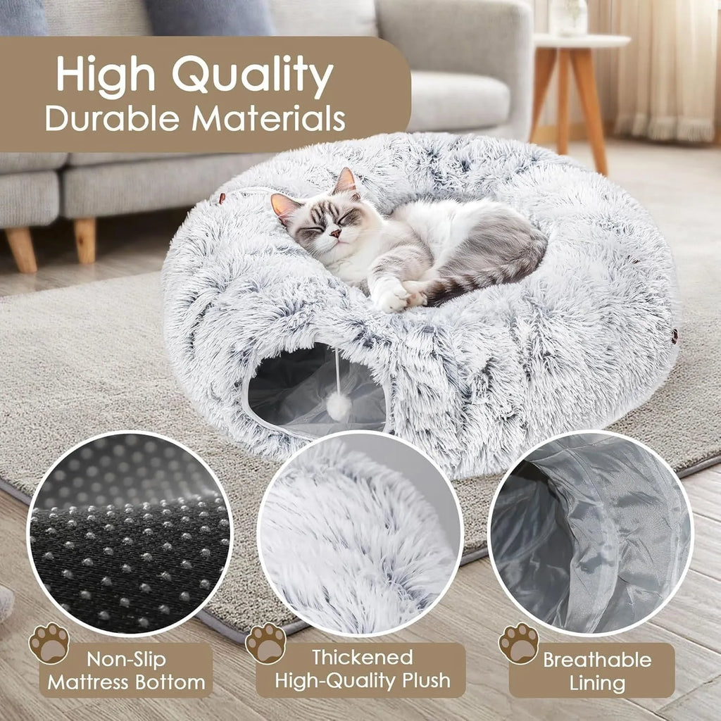 Grey cat tunnel bed with removable cushion and hanging furry toy for indoor cats