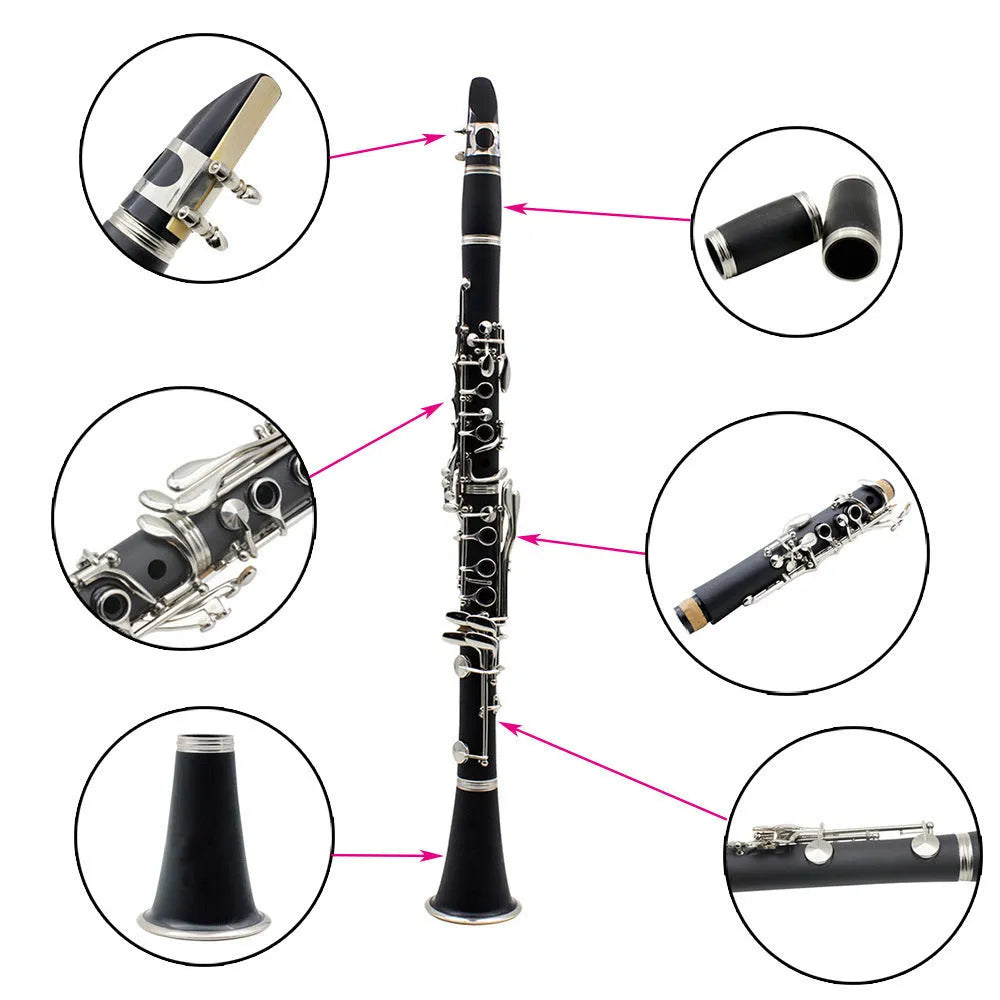 Black Bakelite beginner clarinet with nickel-plated 17-key mechanism and storage bag