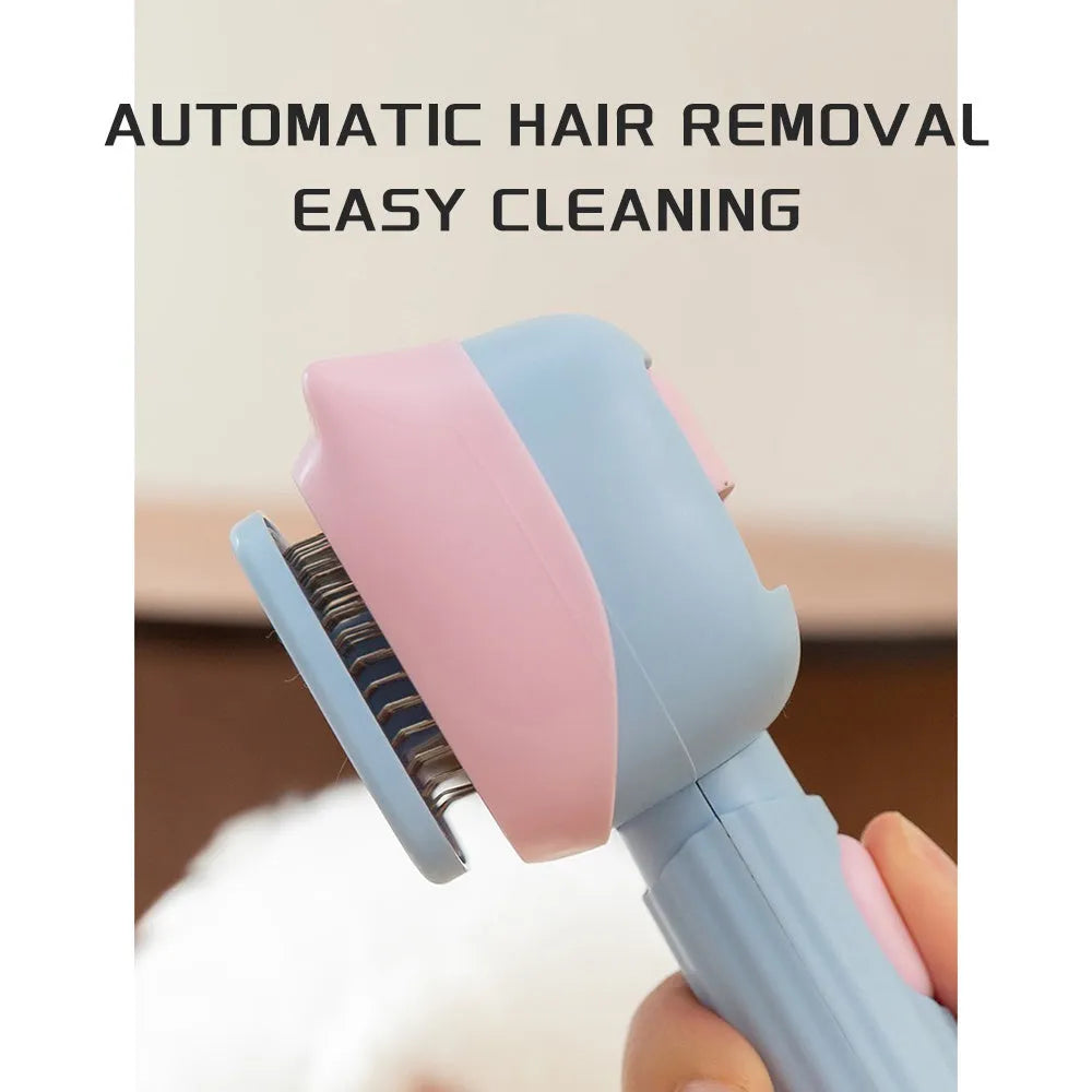 Blue and green double-sided pet grooming brush with dematting comb and undercoat rake on a 195mm handle.