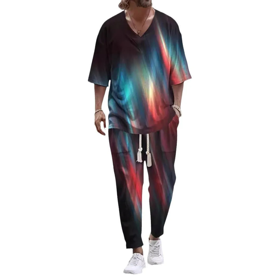 A thin polyester trousers suit with a V-neck jacket featuring cropped sleeves, shown alongside the matching trousers.