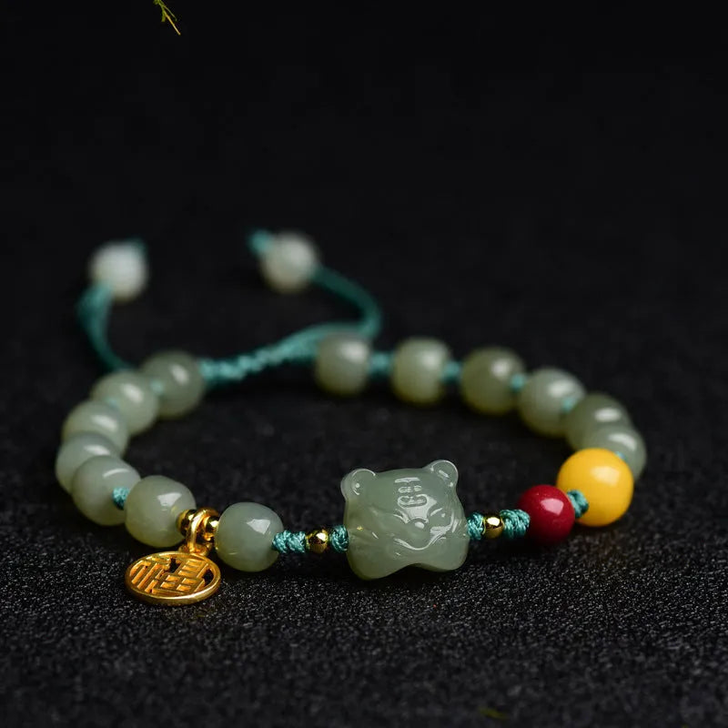 Natural Hetian Jade bracelet with cinnabar beads and zodiac animal sequins