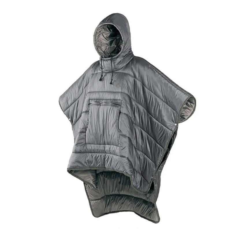 Army Green outdoor cloak sleeping bag worn as cape with 200x140cm dimensions and hollow cotton insulation