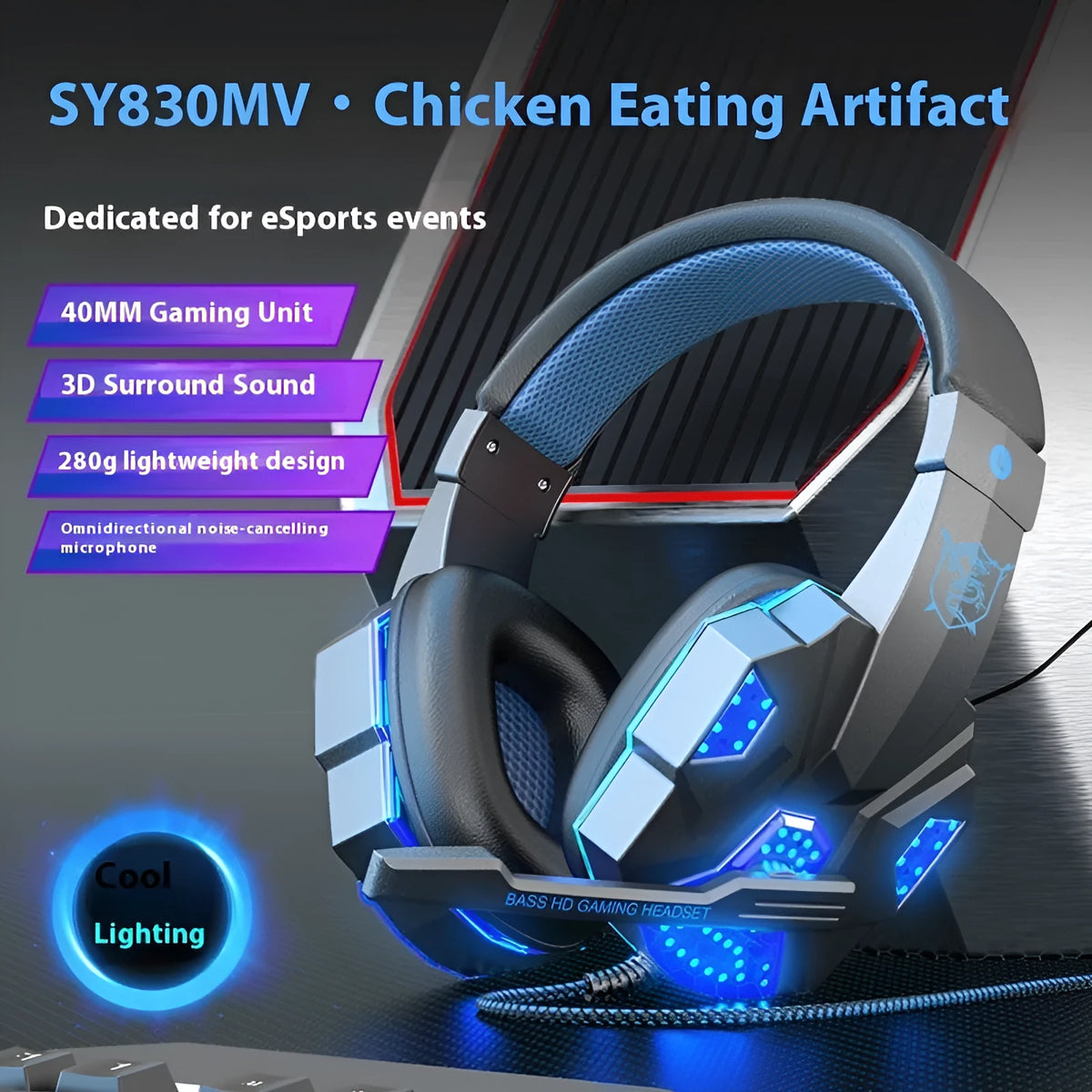 Gaming Headset for PC Computer Laptop USB Wired Over-Ear Headphones with Tanned Leather Earpads 40mm Speakers 2.2m Cable Black and Blue Desktop Notebook Esports Audio Video