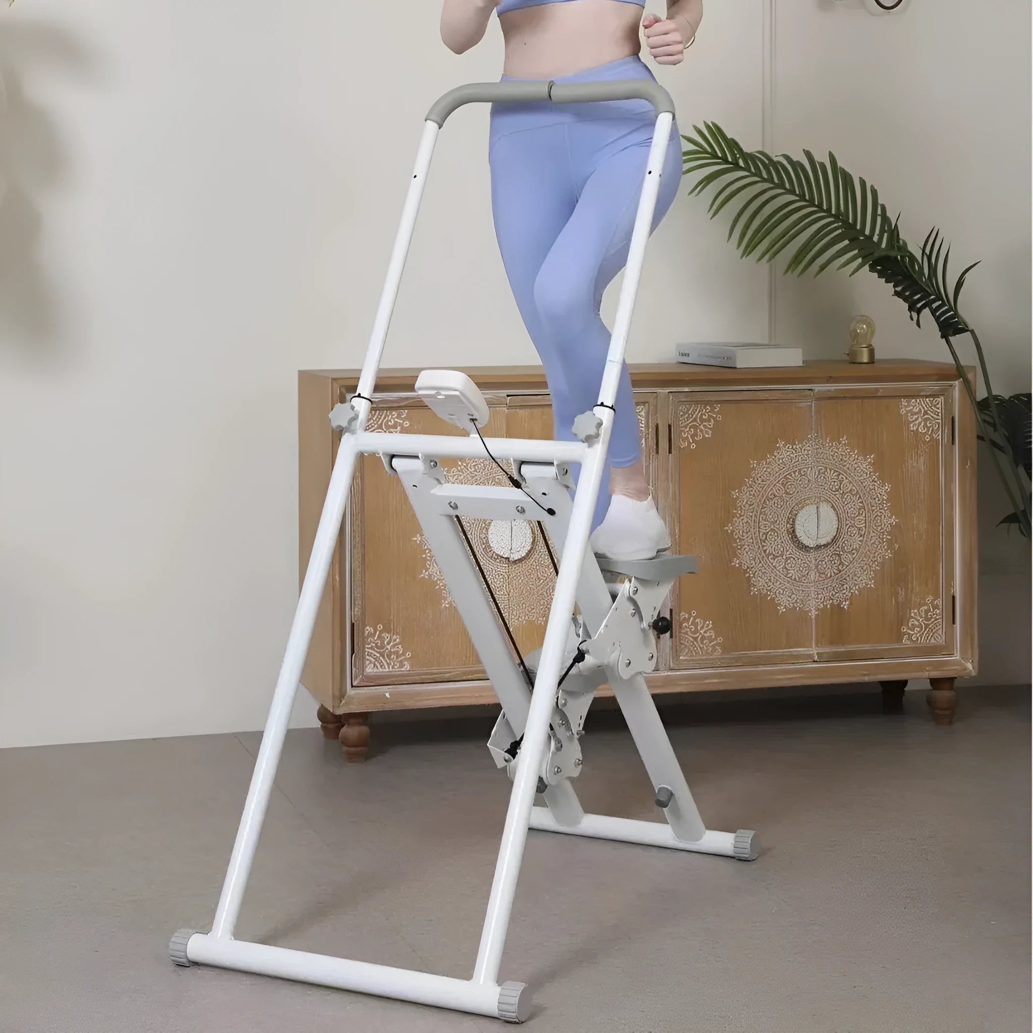 White foldable treadmill climbing machine for home fitness with integrated climbing frame