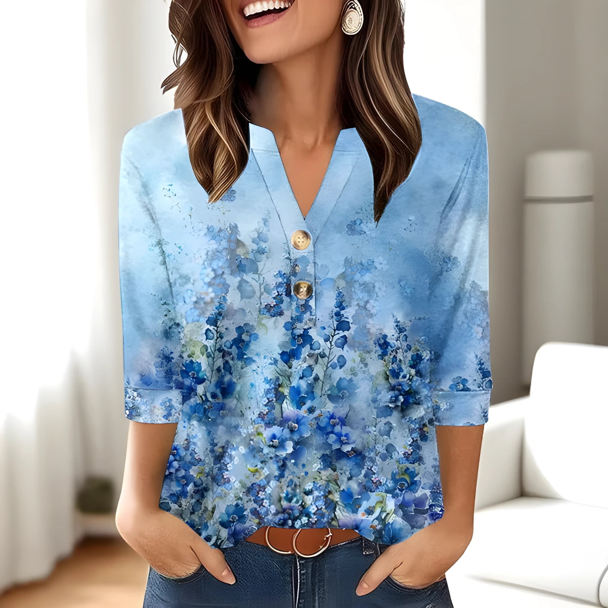 Women's loose-fit casual V-neck top with a 3D printed pattern, available in multiple colours.