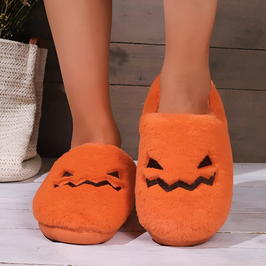 Orange pumpkin design plush house slippers with coral velvet upper and non-slip PVC sole