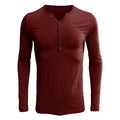 Men's solid colour long sleeve henley shirt in a cotton blend fabric on a neutral background.