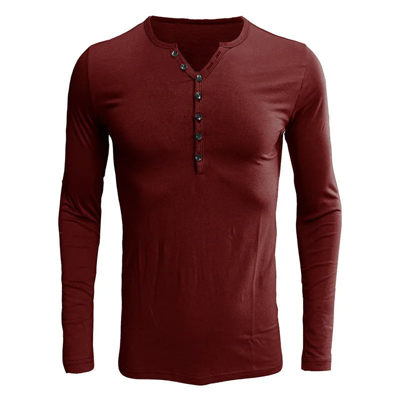 Men's solid colour long sleeve henley shirt in a cotton blend fabric on a neutral background.