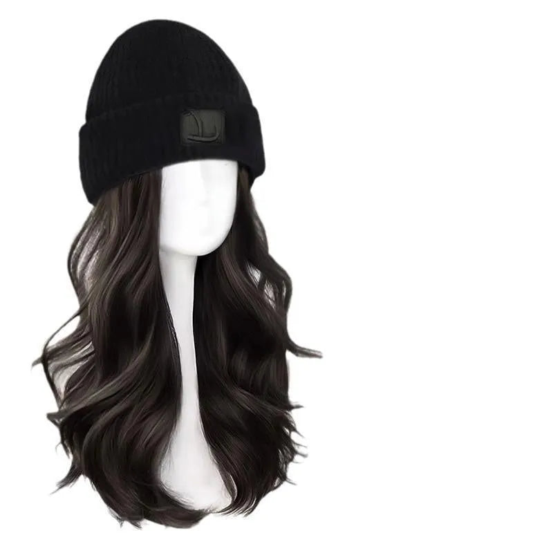 Hat wig for women with big wave curls in brown black colour, protein filament hair on mannequin