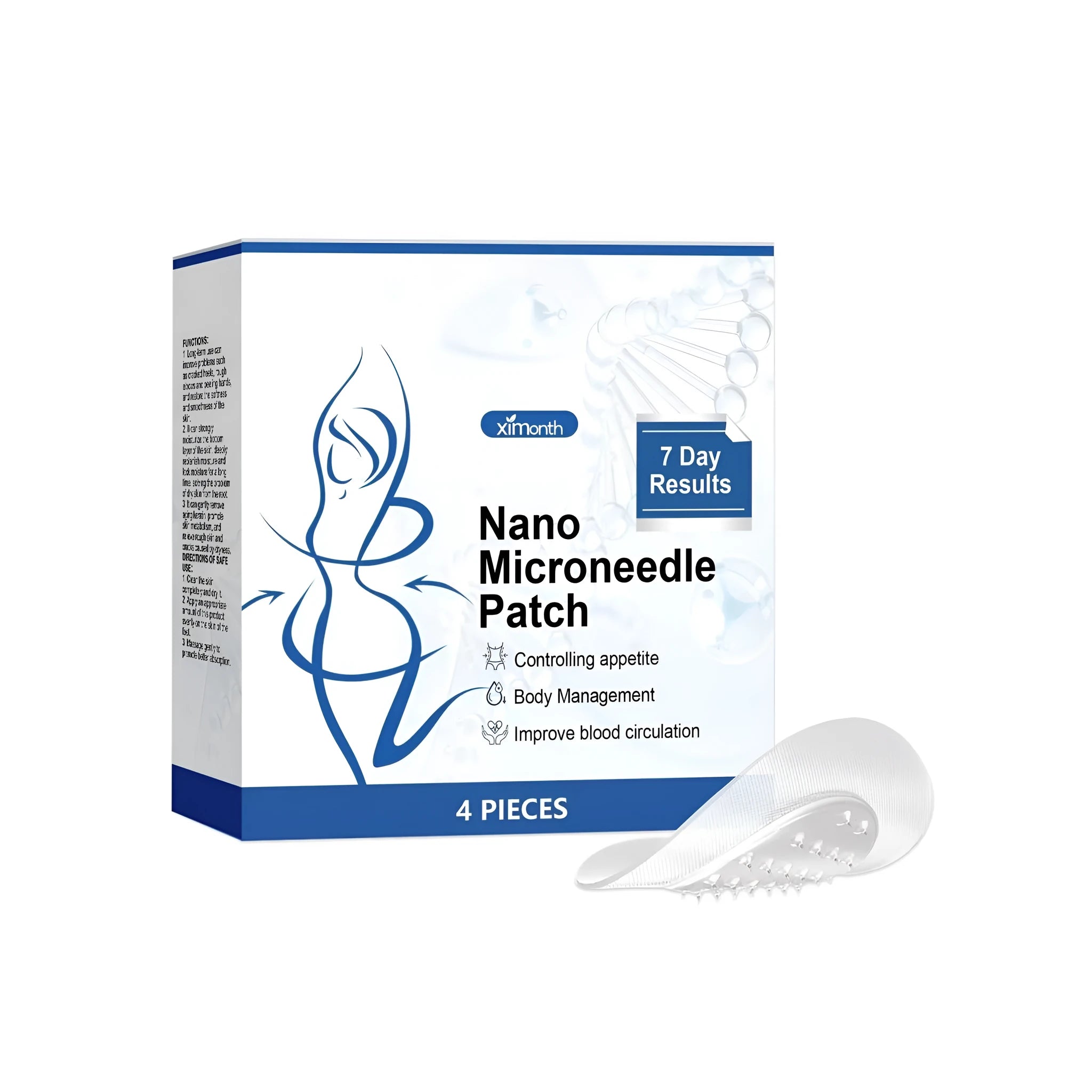 Four nano microneedle body shaping patches in open pack with botanical extract ingredients listed.