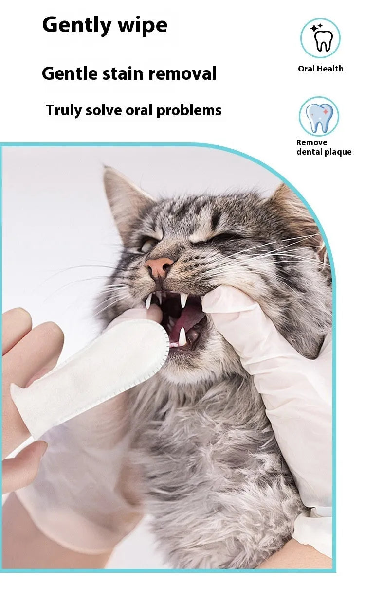 Pack of 50 white pet dental cleaning finger stalls made from non-woven fabric.