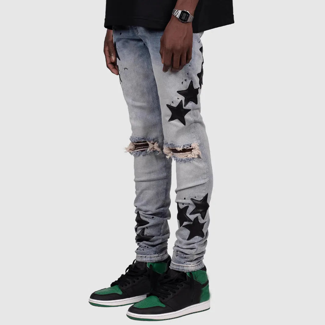 Men's slim stretch jeans with embroidery detailing in grey, blue, and light blue colour options