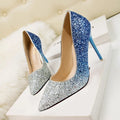 Women's pointed low-cut sequin stiletto heels in blue with rubber sole, size 34-39