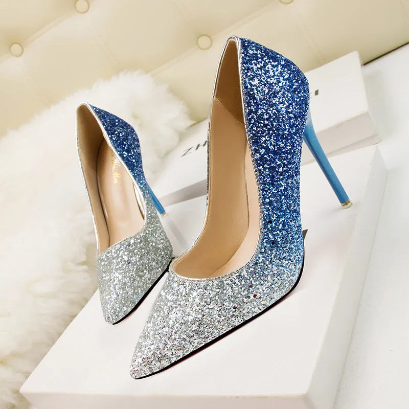 Women's pointed low-cut sequin stiletto heels in blue with rubber sole, size 34-39