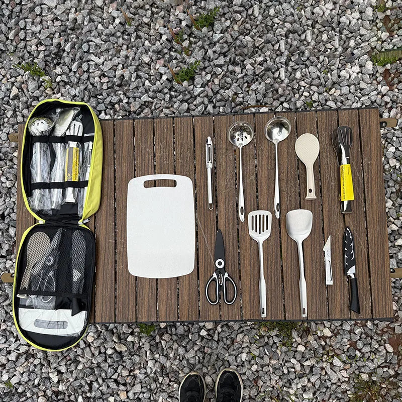 12 piece stainless steel picnic kitchenware set in portable storage bag for outdoor dining