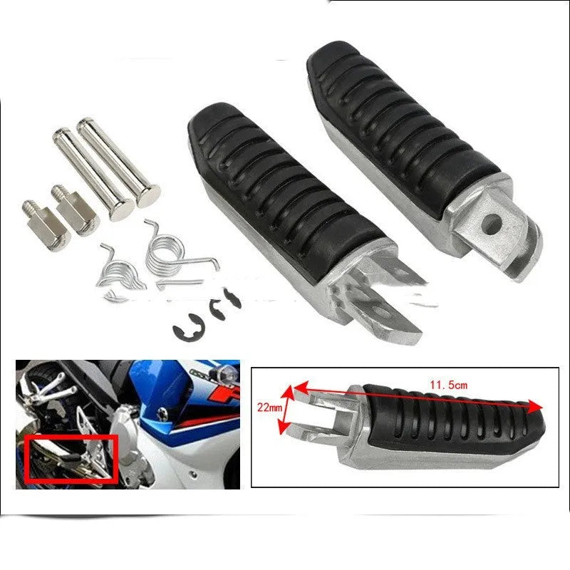 Black aluminium alloy motorcycle footpegs replacement set for Suzuki models on a plain background.