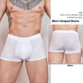 Men's thin striped nylon underwear in black, white, and dark grey on a white background.