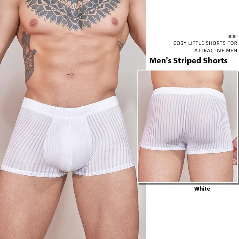 Men's thin striped nylon underwear in black, white, and dark grey on a white background.