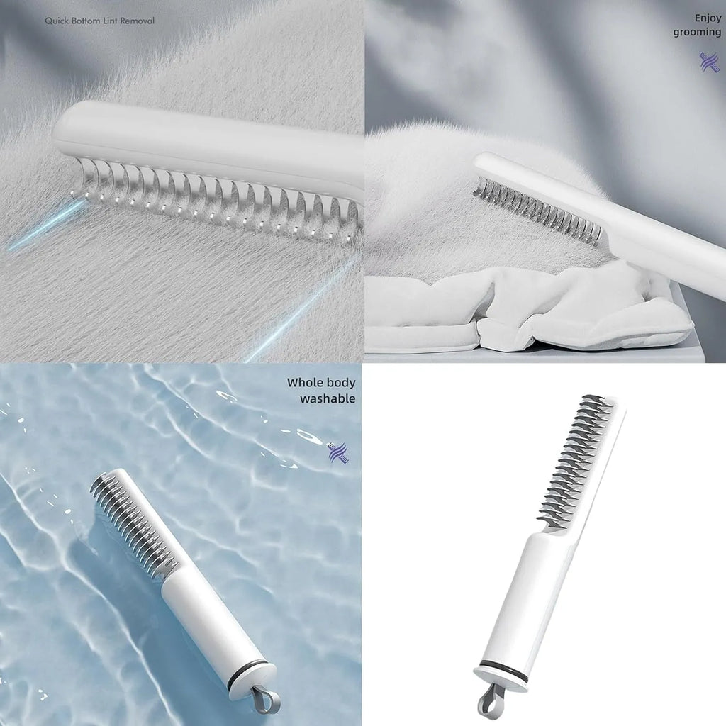 Pink and white stainless steel dog dematting comb with rake teeth on a wooden table.