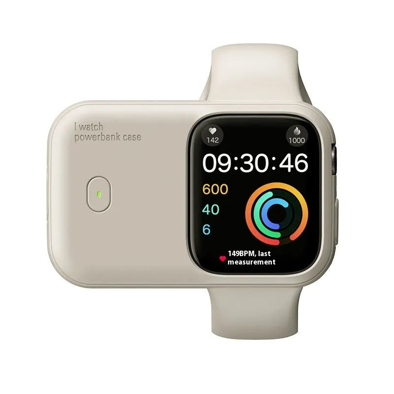 Apple Watch portable charging case with silicone cover, shown in Brown, Midnight Blue, and Starlight colours.