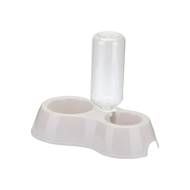 Plastic automatic pet double bowl with food bowl and water bottle in blue, grey or pink