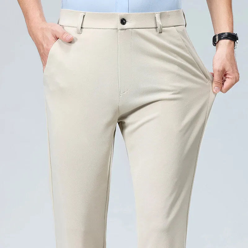 Men's loose fit casual business trousers in black, high elasticity polyester, side view