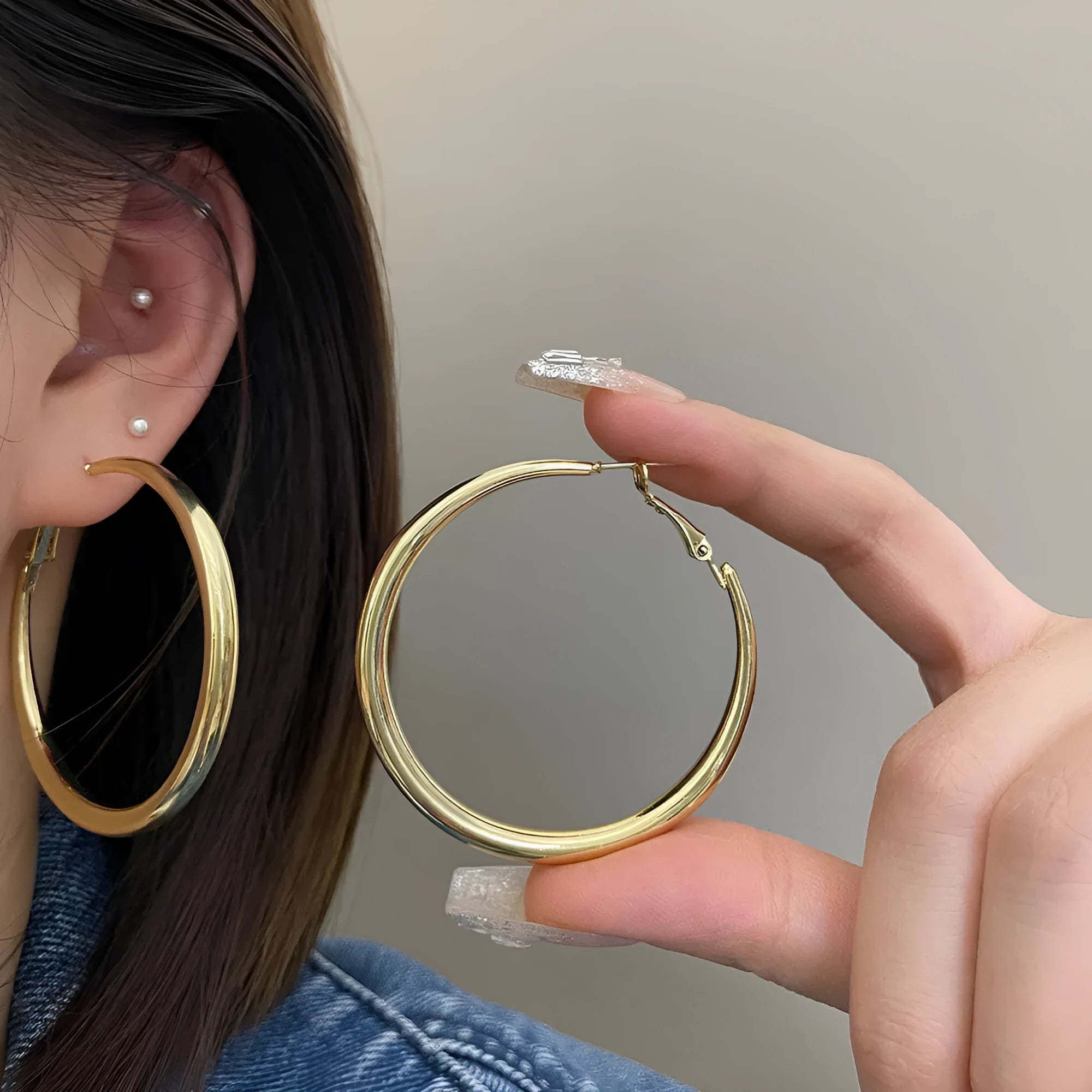 Silver plated geometric circle earrings for women, 5cm diameter, 925 silver needle, electroplated finish