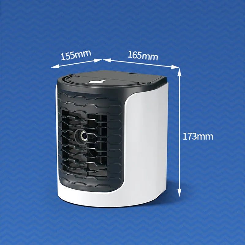 White USB desktop air conditioning fan with 150ml water tank, compact size 16 x 15.5 x 17.3 cm