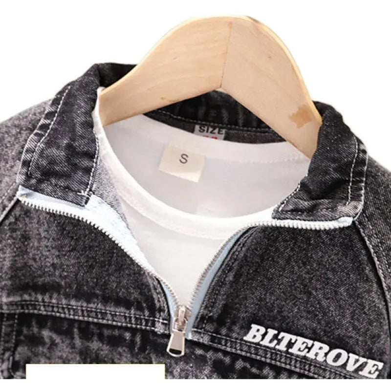 Boys' black denim suit set with long sleeves in Korean style, showing both top and trousers