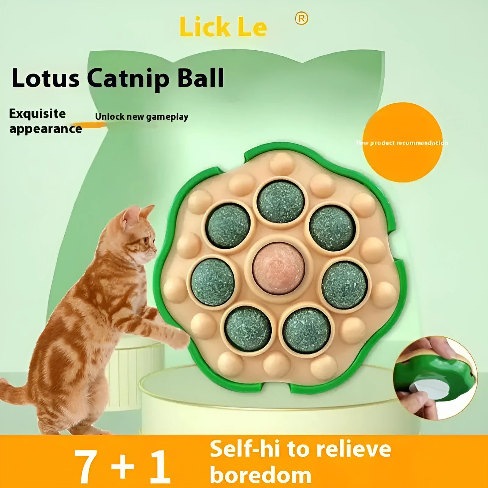Green adhesive catnip ball toy for walls measuring 10.5x10.5cm with edible filling