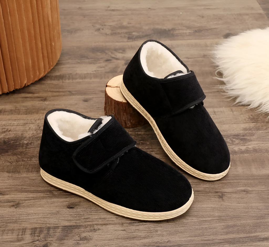 Soft soled velvet thick cotton winter shoes in black with buckle fastening, size 38 to 45