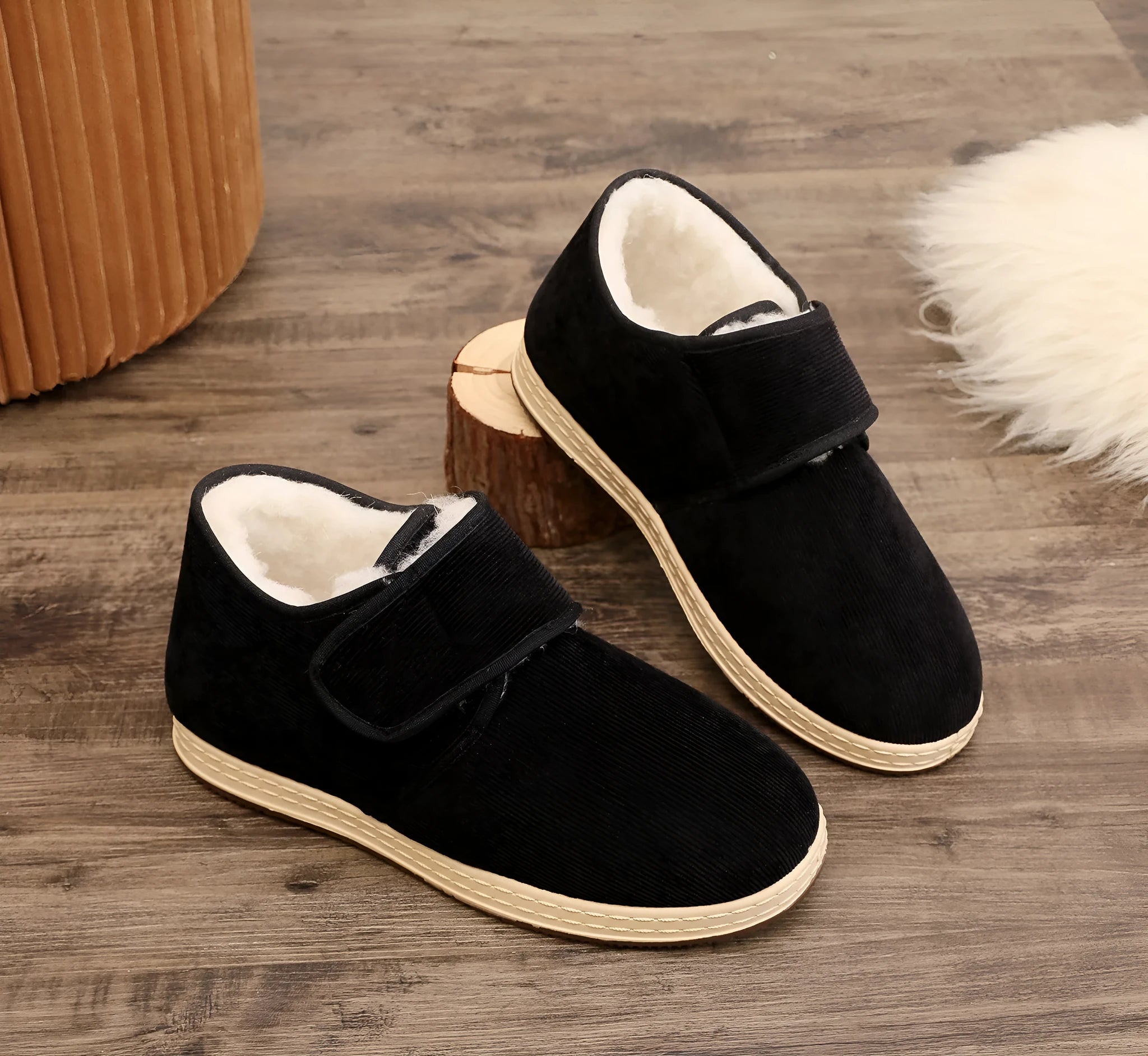 Soft soled velvet thick cotton winter shoes in black with buckle fastening, size 38 to 45