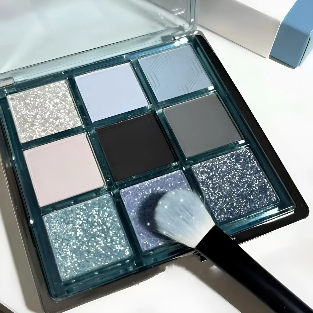 MUGELEEN nine-colour eye shadow palette in blue smoked and earth tones with matte shimmer finishes
