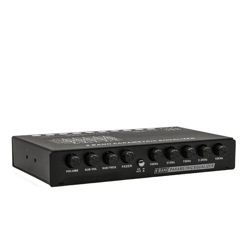 Black car audio EQ tuning frequency division amplifier with front panel controls