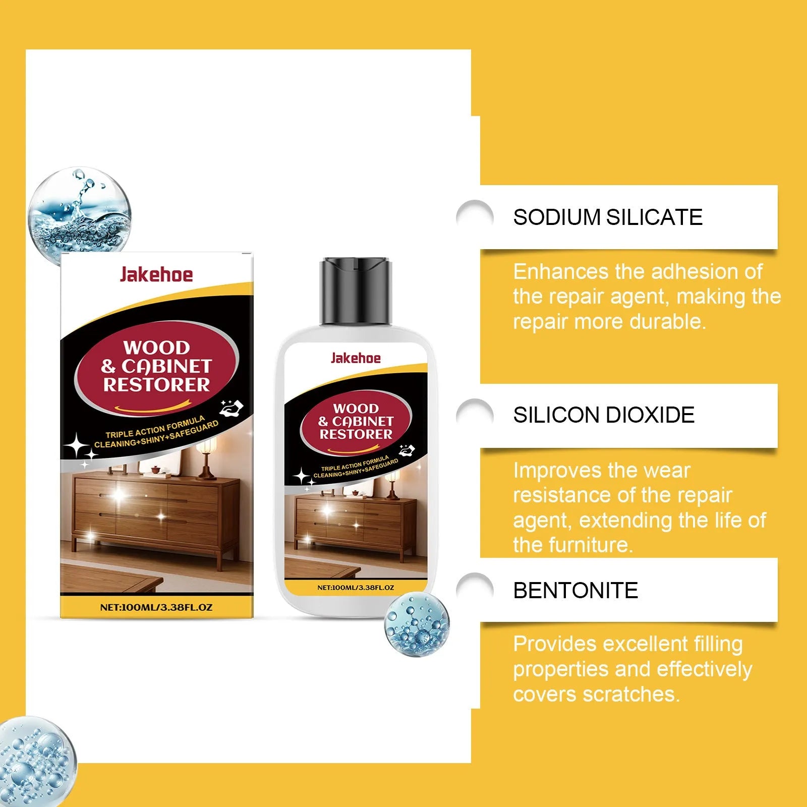 Wooden furniture scratch care agent kit showing 100ml bottle and a white microfibre cloth on a box.