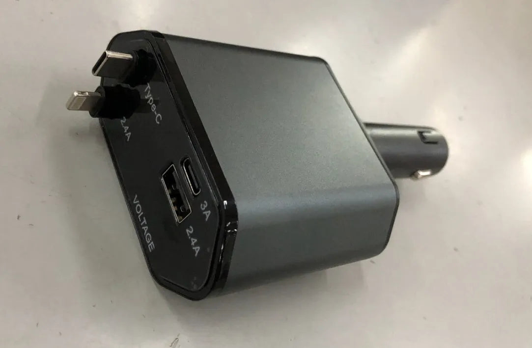 Automatic retractable car charger with QC3.0 fast charging, showing plug for 12V cigarette lighter socket.