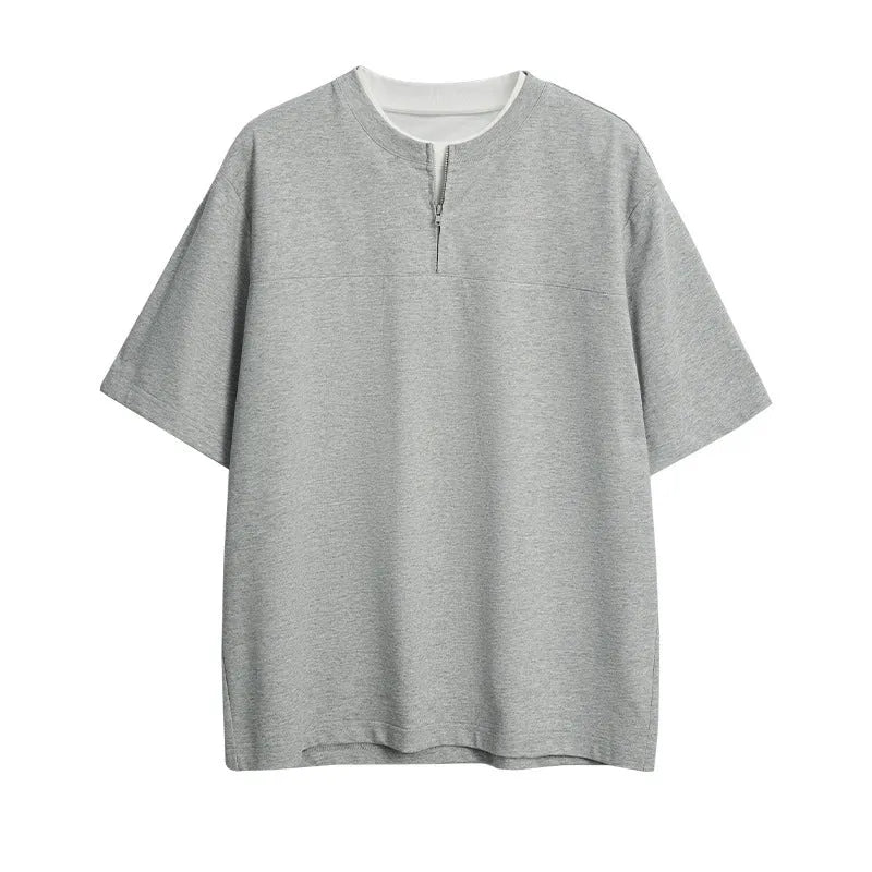 Cotton blend loose fit patchwork top in solid colour with zip false two-piece design