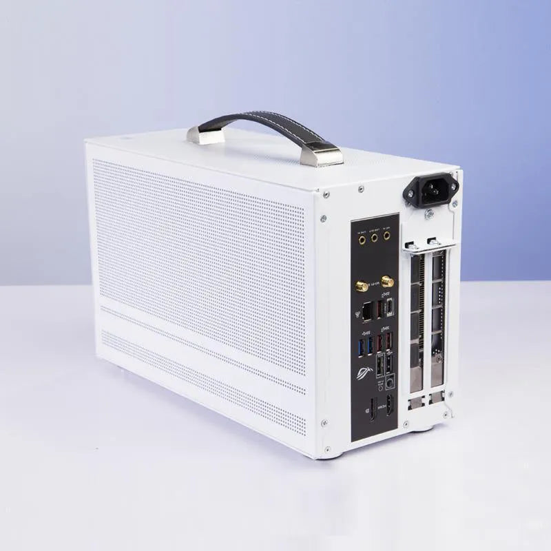 Hummingbird PRO mini ITX desktop computer chassis in titanium grey or white colour.