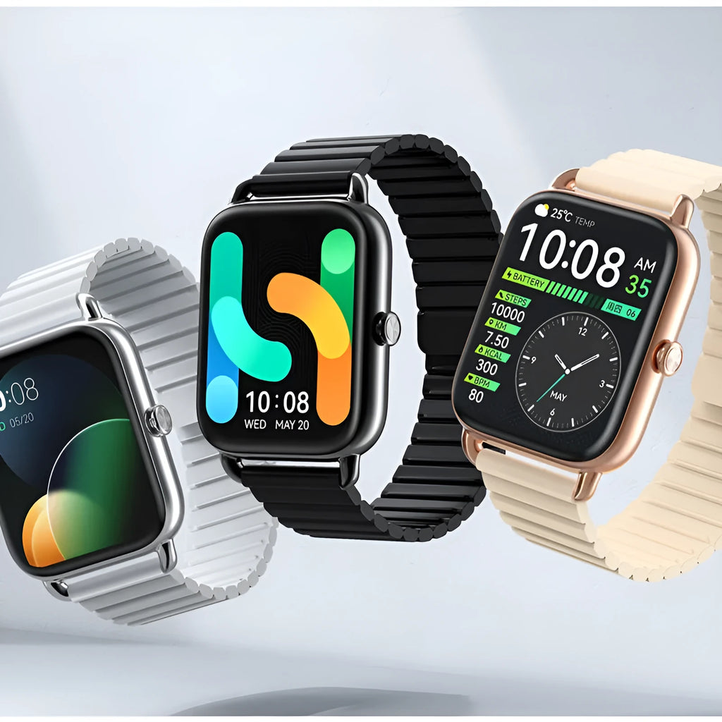 HAYLOU RS4 Plus black smartwatch with AMOLED display showing fitness stats on a wrist.