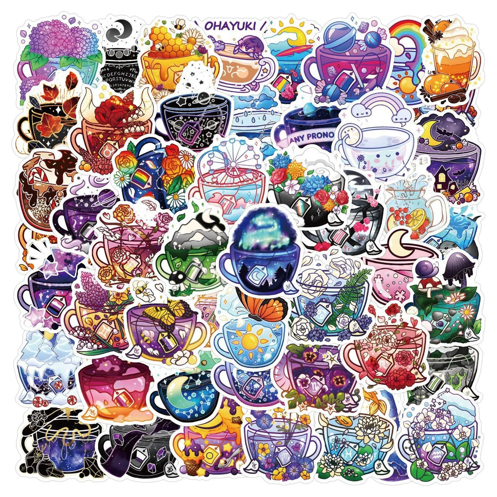 Pack of 50 colourful tea cup graffiti waterproof stickers in Nordic style for DIY luggage and scooter customisation.