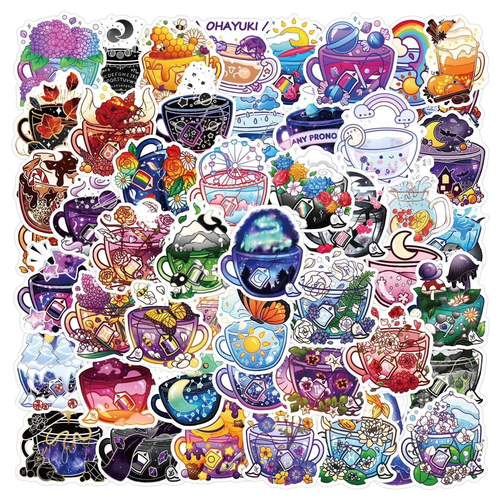 Pack of 50 colourful tea cup graffiti waterproof stickers in Nordic style for DIY luggage and scooter customisation.