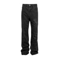 Black washed cracked denim trousers middle waist zipper fly men's regular length black jeans